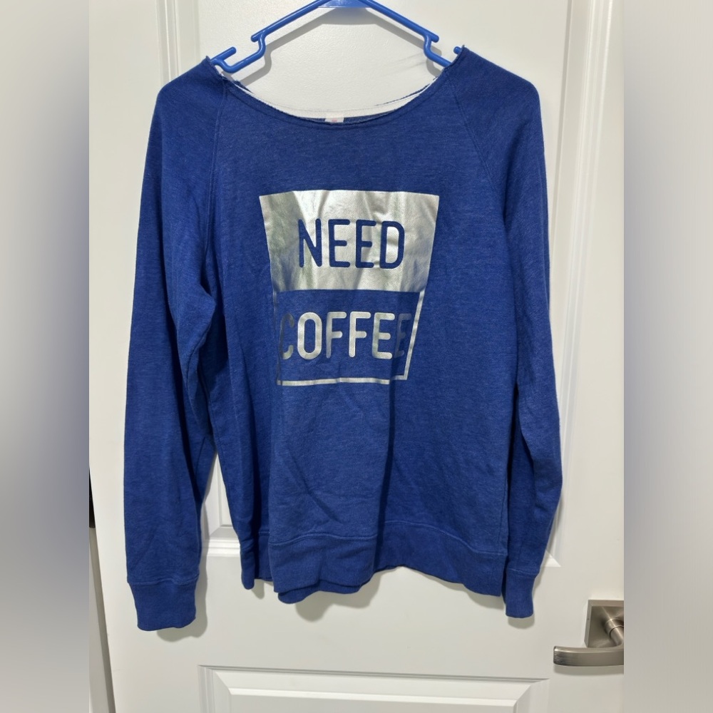 Need Coffee☕️ Blue Sweater with Silver Graphic